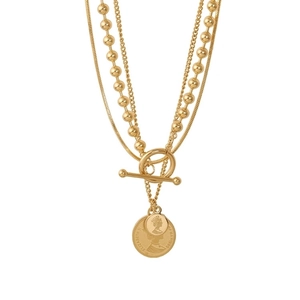 Three-layered vintage gold coin necklace with Elizabeth II pendant in stainless steel