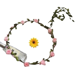 Pink fabric rose flower crown with green leaves and brown vine for bridal beach parties
