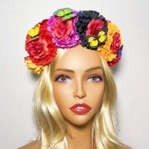 Mexican Day Of The Dead Flower Butterfly Headband Artificial Satin Rose Colorful Party Masquerade Costume Accessory