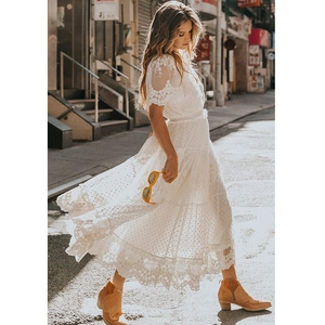 Women V-Neck Lace Patchwork Maxi Dress Bohemian Short Sleeve Embroidery Ruffle Tiered White Polyester Elegant Vacation Long Dress