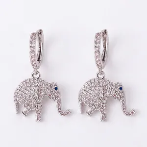 Silver elephant drop earrings with micro-paved white zircons and blue stone eyes