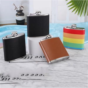 Collection of portable 6oz stainless steel flasks with leather and rainbow patterns