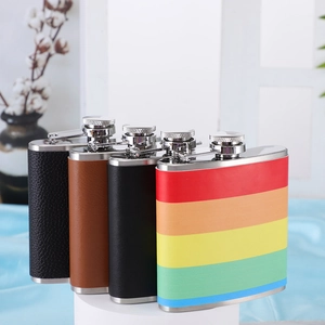 Selection of 6oz stainless steel hip flasks with leather wraps and rainbow pattern design
