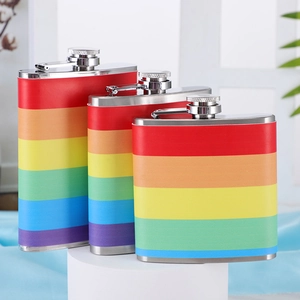 Detailed view of 6oz stainless steel hip flasks with vibrant rainbow leather wrap