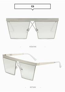 Detailed front and 45-degree side view of silver square metal frame sunglasses