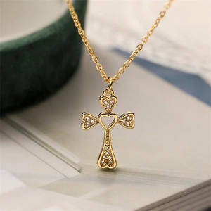 18K gold plated cross necklace for women featuring heart petals and sparkling zircons