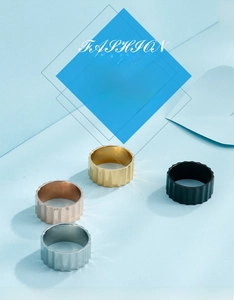 Polished titanium steel rings with vertical groove texture in gold, silver and black