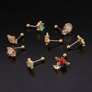 Artistic arrangement of gold stainless steel stud earrings with colorful zircon stones