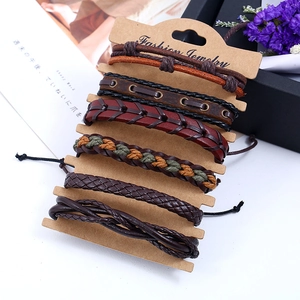 6-piece set of men's vintage woven leather bracelets in deep brown and black shades