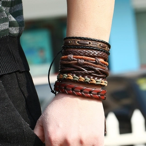 Men's retro multi-layer braided leather bracelet set in black, brown and green colors