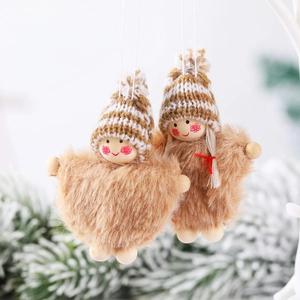 Christmas tree wooden doll pendants with knit hats and plush bodies in brown tones