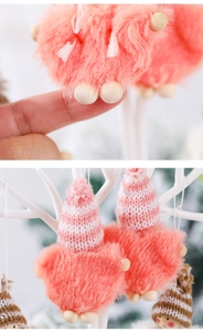 Detail of soft pink and brown knitted plush tree ornaments with wooden beads