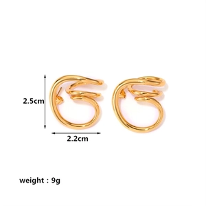 Detailed view of gold spiral earrings with size measurements 2.5cm by 2.2cm and 9g weight