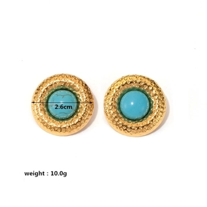 French style hammered round stainless steel earrings with gold finish and turquoise center