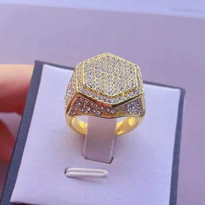 Iced out gold rhombic ring for men featuring micro-pave hexagon sparkling crystals