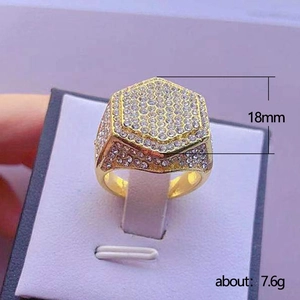 Iced out gold plated hexagon ring for men with brilliant white pavé crystals