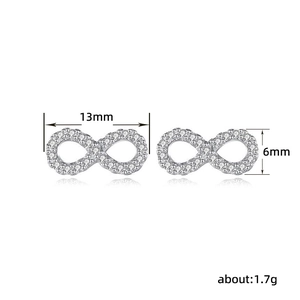 Silver infinity stud earrings with sparkling cubic zirconia, measurements 13mm by 6mm