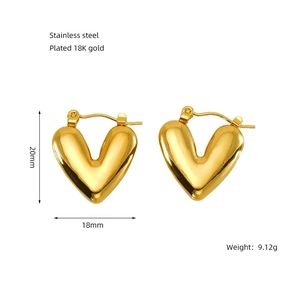 Detail view of heart-shaped 18K gold-plated stainless steel earrings with size specs