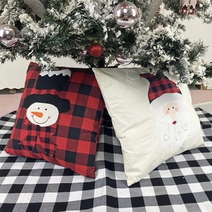 Christmas red plaid and burlap pillow covers with snowman and Santa Claus embroidery