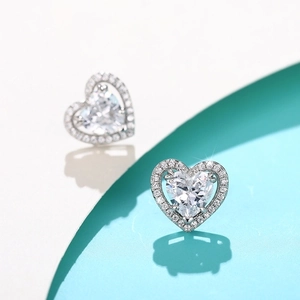 Elegant silver hollow double-layer heart stud earrings with sparkling zircon crystals