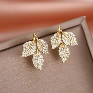 Botanical Leaf Stud Earrings Copper Inlaid Zircon Gold Plated Dainty Sparkly Jewelry Accessory For Women