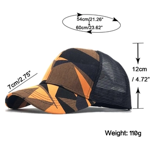 Detailed view of camo mesh trucker hat with dimensions for brim length and head circumference