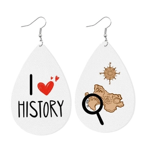 Detail view of teardrop leather earrings with I Love History text and map patterns