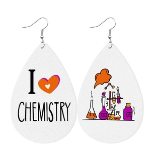 Detail of teardrop faux leather earrings featuring I Love Chemistry and lab equipment print