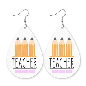 Tie-dye gradient leather teardrop earrings featuring pencil illustrations and Teacher text