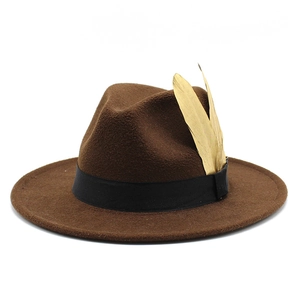 Detail of dark brown wool fedora hat featuring a black ribbon and gold feather pin