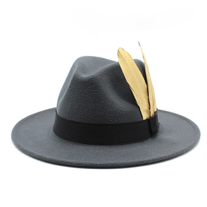Dark grey wool fedora hat with flat brim and golden feather detailing on black band