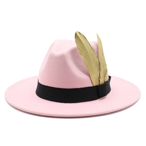 Pink wool felt fedora hat with black satin band and golden feather accents for men and women