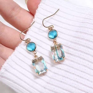 Handmade gradient K9 crystal drop earrings with blue round stones and gold hooks