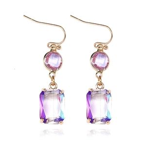 Detailed close-up of geometric earrings with pink round gems and blue-purple gradient crystals