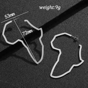 Detail view of silver Africa map hoop earrings with 72mm height and 53mm width dimensions