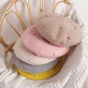 Kids pearl beret in multi-color pile, warm wool knit hats for girls travel outfits