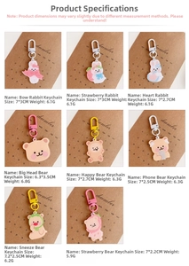 Close-up of 8 cute acrylic bunny and bear keychain charms with metal clips in grid layout