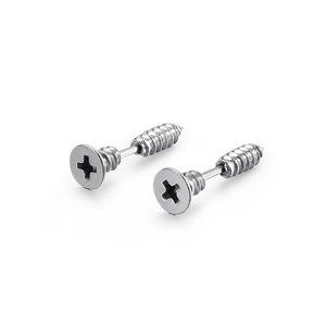 Minimalist silver stainless steel stud earrings in a unique cross screw head design