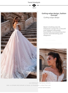 Detailed embroidery on back of V-neck wedding dress with a long train on stone stairs