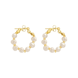 Elegant gold hoop earrings with white baroque pearls and silver needles on white background