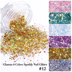 6 colors sparkly hexagonal nail glitter set with gold and pink sequins in jars