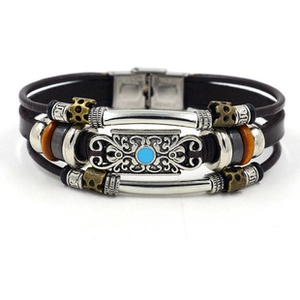 Detail of multi-layer leather bracelet with turquoise stone and stainless steel clasp