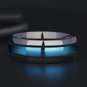 Modern black and blue tungsten ring for men with polished finish and minimalist design