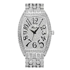 Luxury iced-out tonneau quartz watch with silver rhinestones and black Arabic numerals
