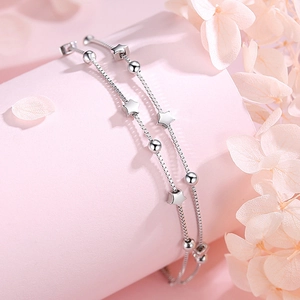 Minimalist double layer 925 sterling silver star and bead chain bracelet for women