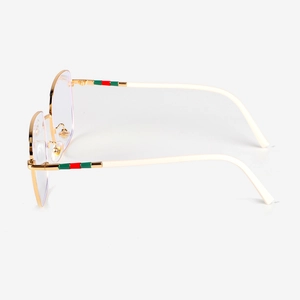 Golden metal anti-blue light glasses with white temples and green-red-green stripe accents