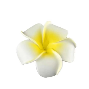 Realistic white and yellow frangipani flower hair clip for tropical beach vacations