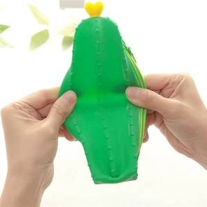 Squeezable soft green cactus silicone pencil case with yellow heart and durable zipper