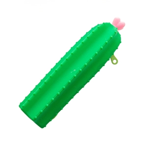 Cute green silicone cactus pencil case with pink flower detail and zipper closure