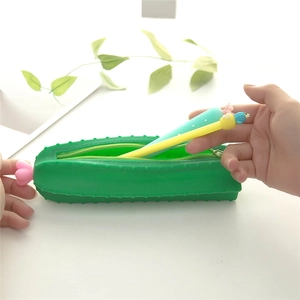 Cute green cactus silicone pencil case with pink flower detail and zipper closure